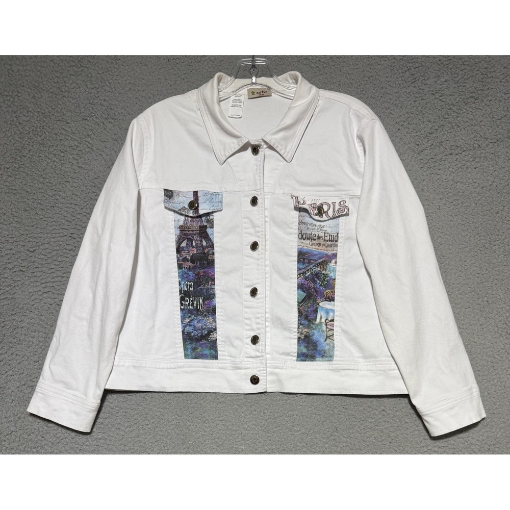 Cactus Womens White Jean Denim Button up Jacket Paris France print Size Large